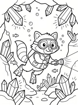 Coloring page, brave raccoon exploring an underwater crystal cave.