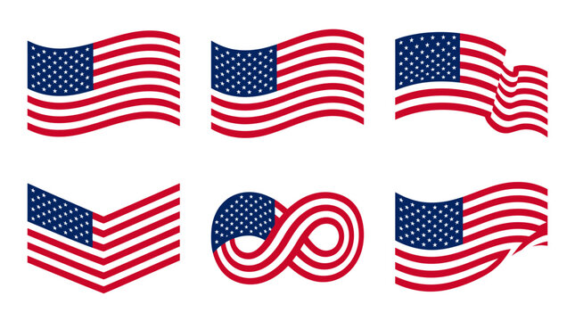 American flag symbols appear in various stylized wave and loop configurations for patriotic design projects.