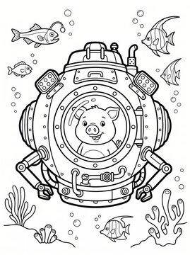Coloring page, cheerful pig looking out of a deep sea capsule.