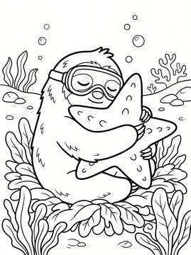 Coloring page, sleepy sloth hugging a giant starfish.