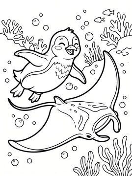 Coloring page, happy penguin swimming with a manta ray.