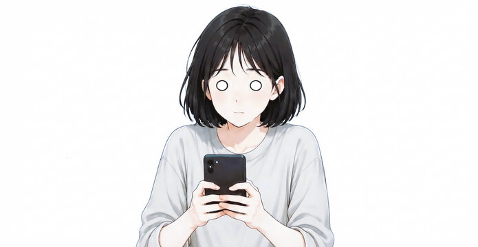 Confused woman holding phone with white empty eyes cartoon expression.