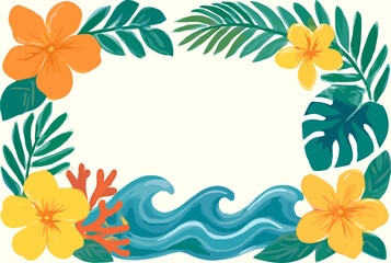 A vibrant tropical floral and wave border design with lush green foliage and bright orange and yellow hibiscus flowers framing a blank space, with coral and blue ocean waves at the bottom. © blu