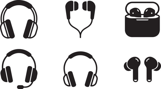 Six types of headphones and earbuds vector icons set Vector