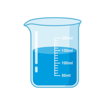 Back to School Badge Scientific glass beaker with blue liquid, laboratory measuring glassware with 200ml scale, chemistry research equipment vector illustration isolated on White Background eps