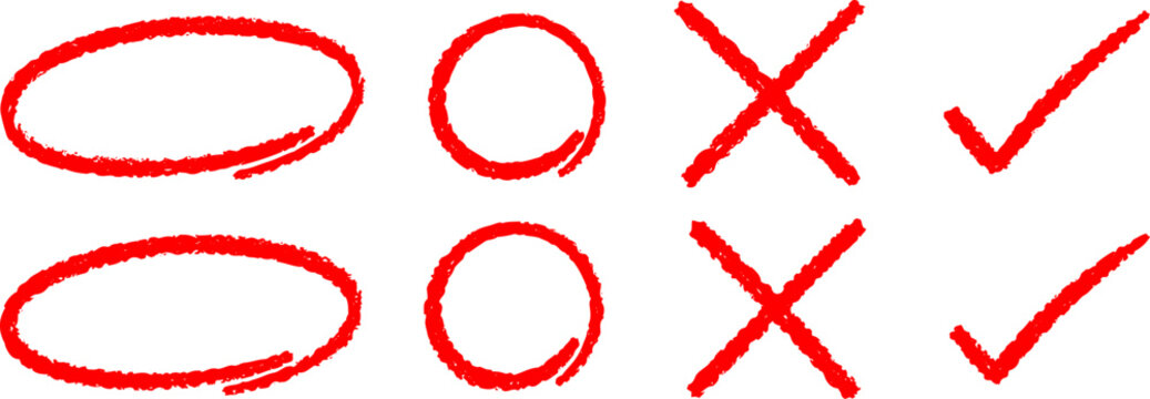 Teacher red pen grading marks set, hand drawn circles crosses checkmarks, correction symbols for feedback, isolated on light background collection