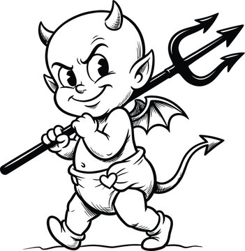 Vintage cartoon devil baby with pitchfork retro illustration for halloween or mischief designs