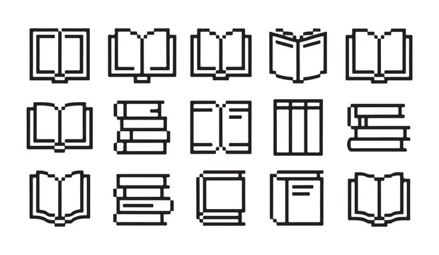 Outline pixel book icons for linear graphic design and educational literature presentation.