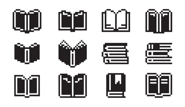 Minimalist pixel book symbols for gaming user interface and digital reading app navigation.