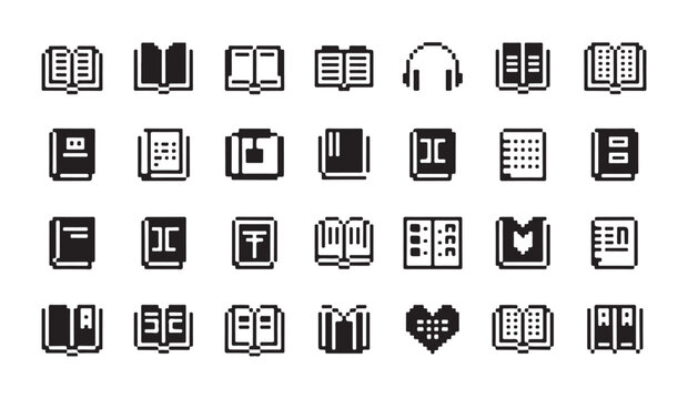 Collection of 30 pixelated book and reading related icons, including headphones and a heart symbol.