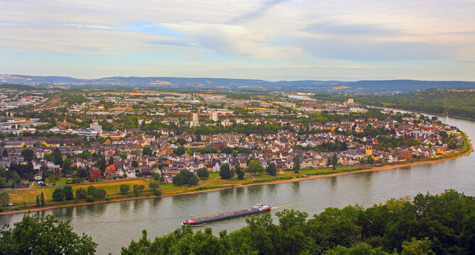 Looking down onto the Rhine River and Koblenz Town from the hilltop