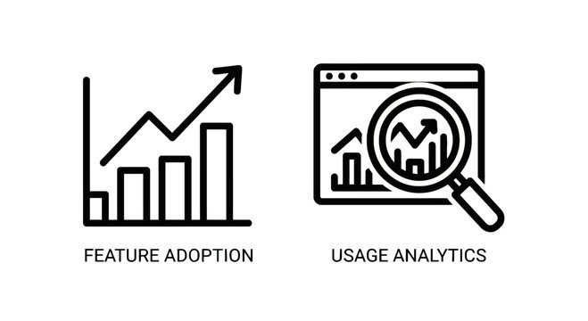 Set of two business icon graphics featuring feature adoption growth graph and usage analytics performance dashboard analysis, business intelligence