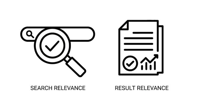 Search relevance and result analysis icons with relevance analysis magnifying document business information investigation performance
