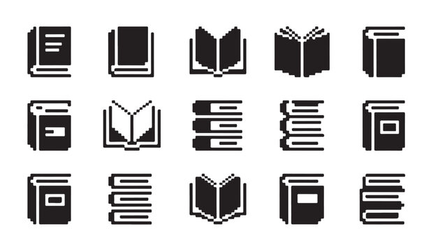 Collection of black pixelated book icons for school software and digital library interfaces.