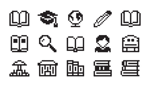 Educational pixel icons featuring books globe and learning objects for digital content.