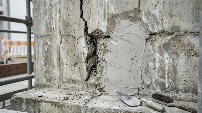 Deteriorated wall surface featuring visible concrete fracture and patched plaster section building restoration and remodeling concept highlighting rough substrate and structural care tasks 