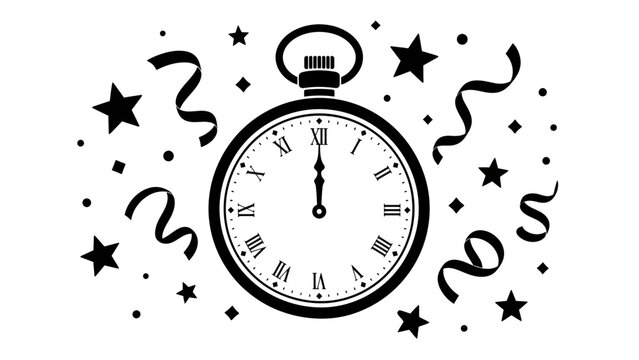New Year's Eve clock at midnight with festive confetti and streamers. The clock face shows Roman numerals, and the hands point to twelve, signifying the start of a new year