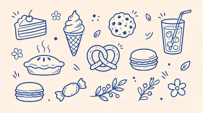 Hand drawn dessert icons set, blue ink doodle bakery elements on beige background, sweet food and pastry vector illustrations for cafe menu