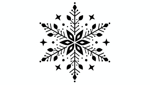 A black and white snowflake design with intricate patterns and four-pointed stars.