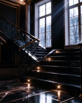 Luxurious dark hallway presenting classic hotel interior design with illuminated marble flooring