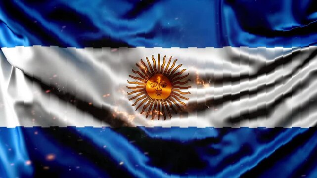Waving flag of argentina with a dramatic, fiery, and textured effect, symbolizing national pride and historical intensity