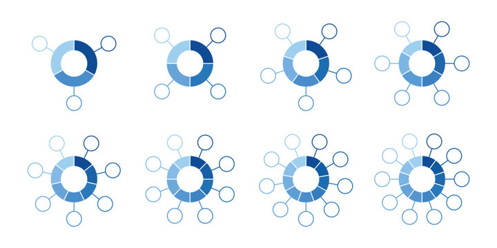 A set of blue circular vector infographic charts featuring multiple segments and connected nodes for professional business data presentation designs