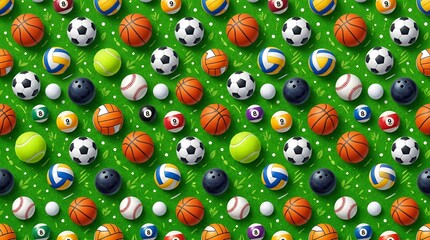 Fototapeta premium Spherical Sports Equipment Repeating Pattern on Vibrant Verdant Backdrop Green textured spherical sports equipment seamless motif vibrant grassy green backdrop with realistic3d ball elements