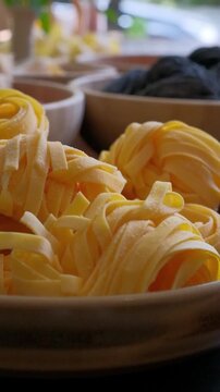 Close up fresh homemade linguini pasta. High quality FullHD footage