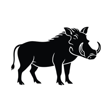 Black warthog silhouette standing isolated on white background with tusks and mane
