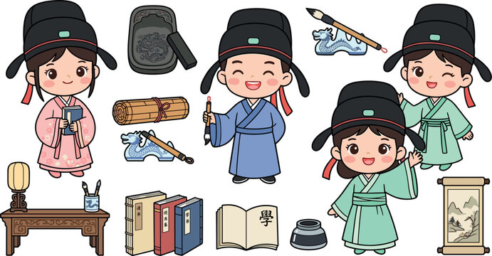 Cute Ancient Chinese Scholar Character Set with Traditional Hanfu Costumes Calligraphy Brushes Scrolls Inkstones and Desk Elements for Cultural Graphic Designs