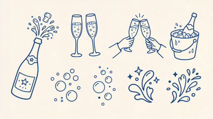 Minimalist champagne celebration line art icons, blue hand drawn sparkling wine bottle and glasses, festive party drink vector set for wedding and new year © Muhammad