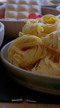 Close up fresh homemade linguini pasta. High quality FullHD footage