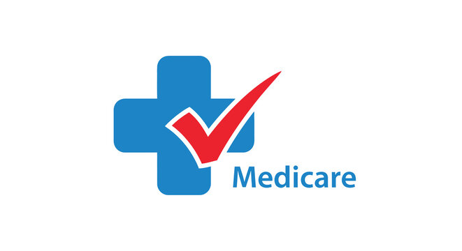 Blue medical cross with red checkmark medicare logo illustration