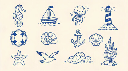 Nautical hand drawn icons set, blue ocean life illustrations on beige background, 12 maritime vector elements for summer branding and coastal decor © Muhammad