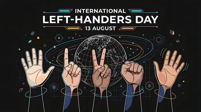 International left-handers day awareness celebration graphic with diverse hand signals on dark