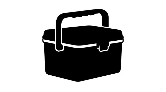Black silhouette of a portable cooler box with a carrying handle. Great for outdoor picnics, lunch containers, and camping trip design elements.