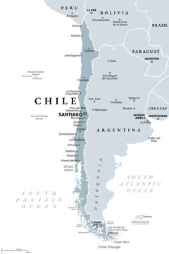 Chile, gray political map, with capital Santiago, and largest cities. Country in western South America, extending along a narrow strip of land between the Andes Mountains and the Pacific Ocean. Vector