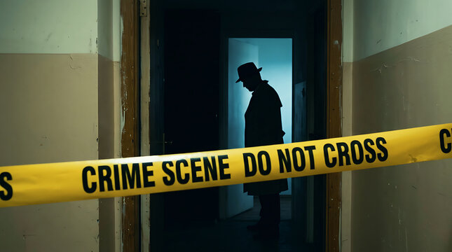 Crime scene investigation with police officer behind yellow do not cross tape at night for dramatic detective cinematic designs. Ai Generated
