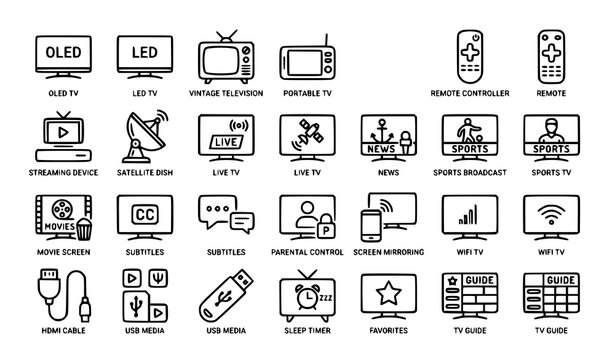 SEO Title: Television Entertainment Icons Set with Smart TV Streaming Remote and Digital Media Vector