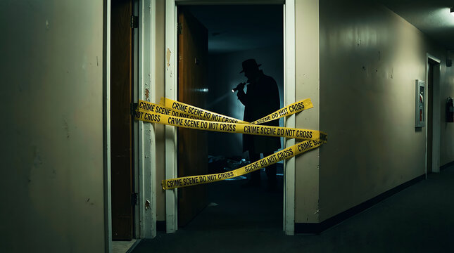 Crime scene investigation in dark room with evidence markers and police tape for dramatic detective cinematic designs. Ai Generated