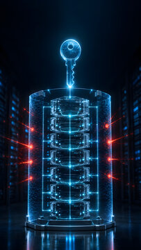 Encryption key above a digital database represents secure access and protected information storage in a data center.