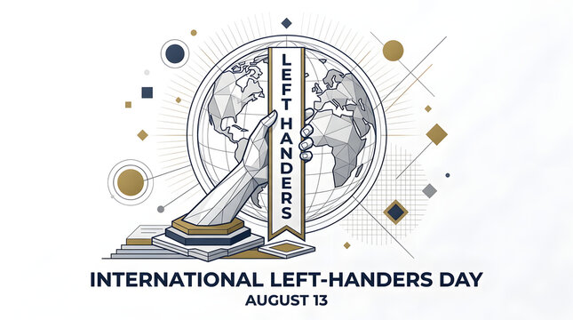 International left-handers day poster with illustrative hands and global map design, left handed