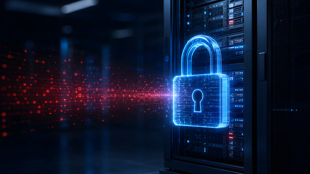Digital padlock blocks incoming cyber threats and protects a data center server from unauthorized network access.