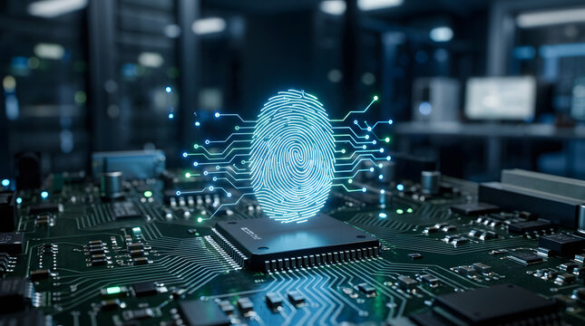 Biometric fingerprint security protects a computer circuit board through digital identity verification and controlled access.