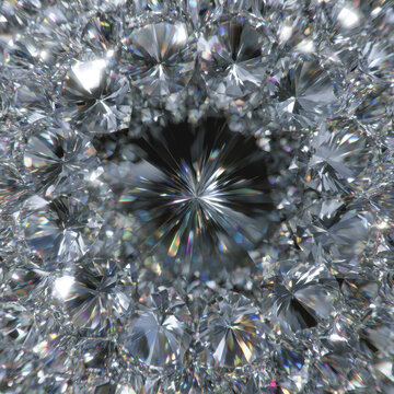 Breathtaking seamless kaleidoscope geometric pattern of hundreds of sparkling brilliant cut luxury white diamonds reflecting bright prismatic light and spectrum colors in a complex design.
