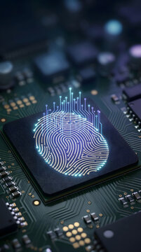 Biometric fingerprint chip enables secure digital authentication and identity verification on an advanced computer circuit board.