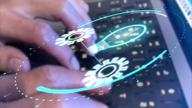Hand typing on laptop keyboard optimizes a digital feedback loop process featuring lightbulb hologram and gear icon for an innovative business technology strategy solution.