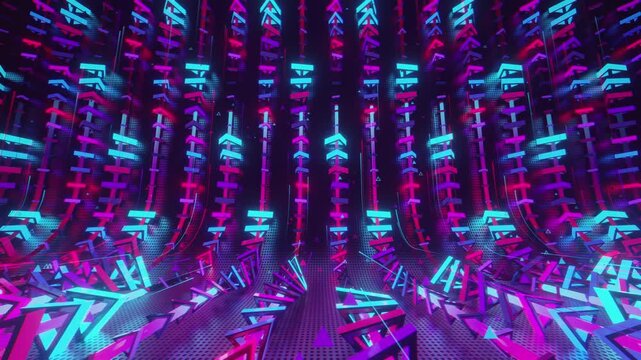 Hypnotic seamless loop of a futuristic geometric array. Abstract digital system made of rotating triangular prisms, crystalline lattices and textured metal grids, creating deep abstract background.