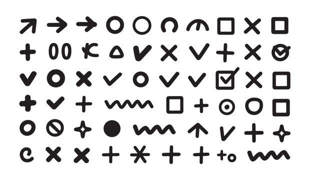 Comprehensive collection of hand drawn doodle symbols for design and bullet point markers.