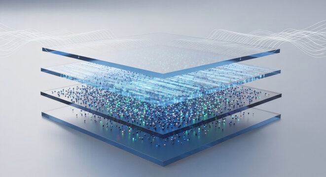 Cross-section of laminated glass technology showing multi-layer construction for safety and insulation